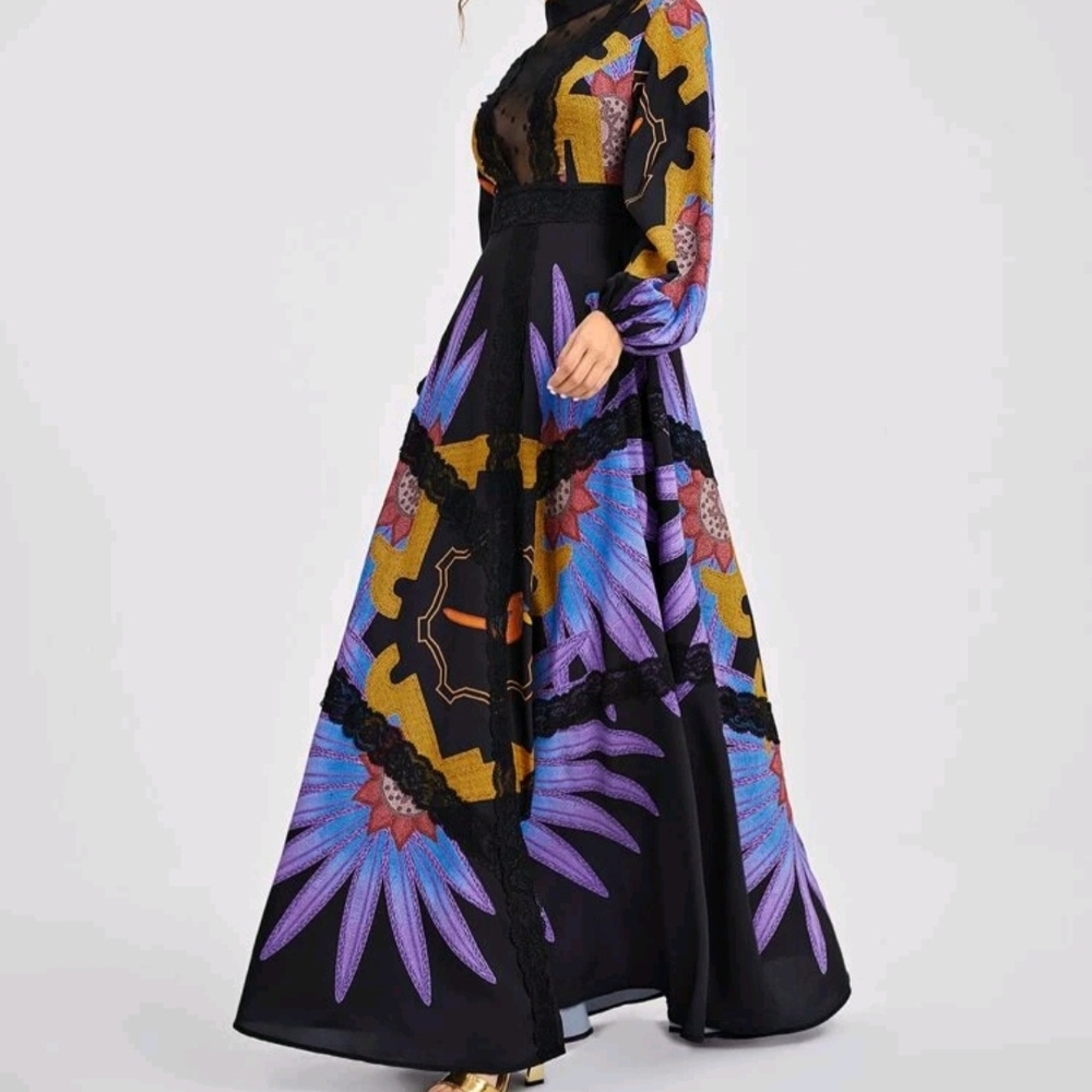 Elegant Black and Purple Long Sleeve Bishop Gown for Weddings